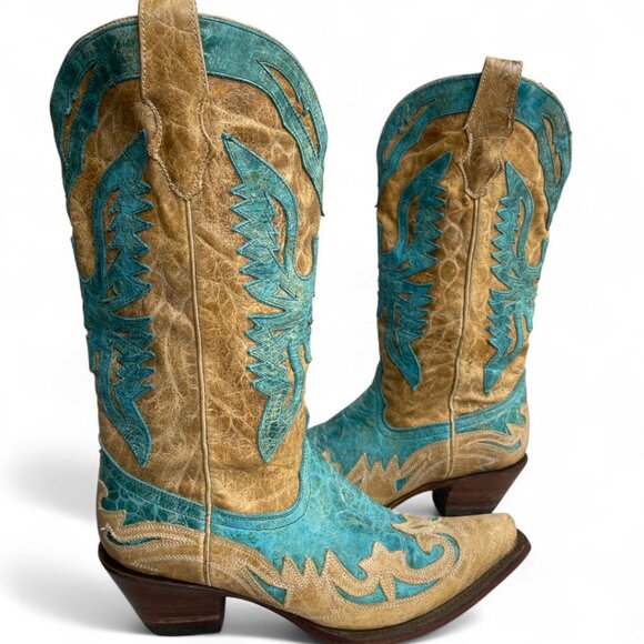 Corral Women's Leather Turquoise Tan Snip Toe Cowgirl Western Cowboy Boots 8 M - Picture 1 of 14